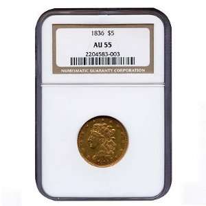  1836 Gold $5 Classic Head AU55