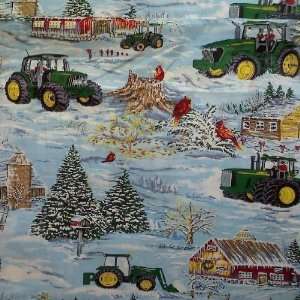44 Wide Fabric John Deere Winter Holiday with Snowy Winter Farm 