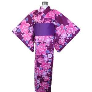  Kimono Yukata Purple Pink Flowers + Obi Belt: Toys & Games