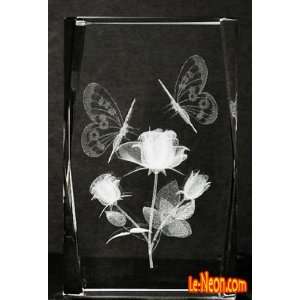  3d Laser Crystal Butterfly & Roses 08 5x5x8 Cm Cube + 3 