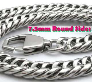 Mens 7.5MM Silver Stainless Steel Cuban Curb Round Side Concave Chain 