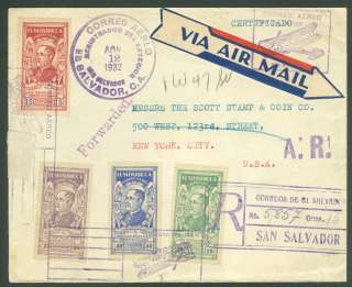 SALVADOR : Nice 1932 FDC Reg. Flight cover to USA. Note NOV is 