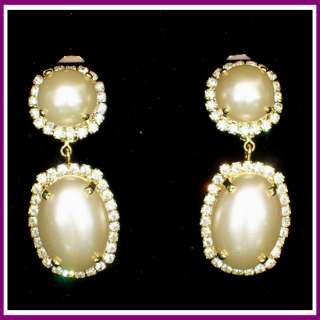 Vintage Signed Marie Ferra Pearl & Rhinestone Earrings  
