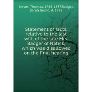   hearing Thomas, 1769 1837,Badger, Sarah Gould, d. 1822 Noyes Books