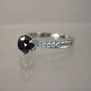 14k White Gold Anniversary Ring with Round Cut Black Diamond and White 