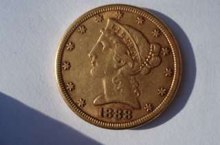 US 5 DOLLAR HALF EAGLE LIBERTY HEAD GOLD COIN 1888 S  