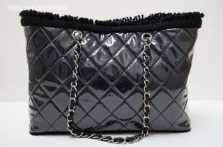 FABULOUS CHANEL LARGE BLACK PATENT VINYL FUN TWEED QUILTED TOTE BAG 