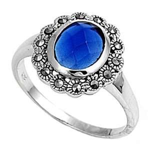  Sterling Silver Marcasite Rings with Blue Sapphire CZ 