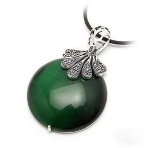 : Sterling Silver Marcasite and Opal Green or Pink Jade Color Pendant 
