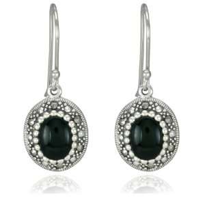    Sterling Silver Marcasite and Onyx Oval Drop Earrings: Jewelry