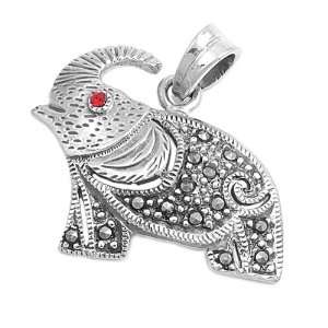   : Sterling Silver & Ruby CZ Thai Elephant Marcasite Pendant: Jewelry