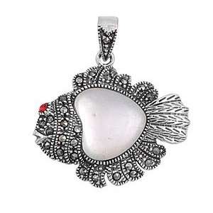   Silver & Ruby CZ Mother of Pearl Fish Marcasite Pendant Jewelry