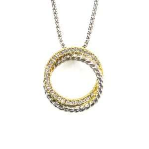 Oxidized Gold and Silver Two Tone Circle Crystal Pendant with Necklace