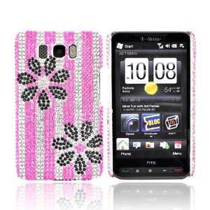  For HTC HD2 Hard Case BLACK Flowers on PINK SILVER 