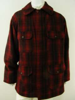 mens wool jacket coat Woolrich black red XL 46L 46 Long plaid camp 