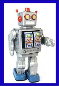 Robot Mr. D Cell All Silver (1 foot tall!) Tin/Metal Walking Robot Gun 