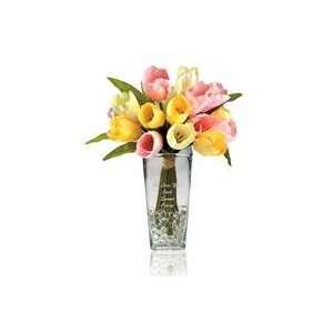  Pink/Yellow Bouquet with Etched Vase
