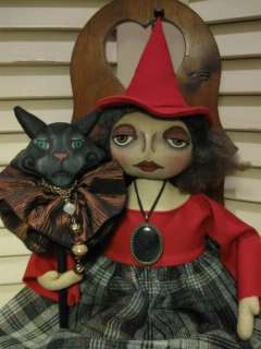 FOLK ART WITCH AND BLACK CAT DOLL  