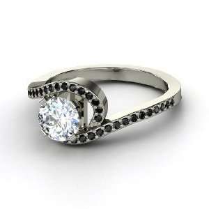  Wave Ring, Round Diamond 18K White Gold Ring with Black 