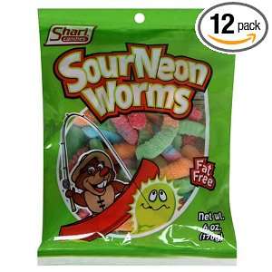 Shari Sour Neon Worms, 6 Ounce Bags (Pack of 12):  Grocery 