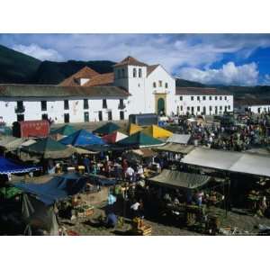 Market Held on Plaza Mayor with Parish Church in Background, Villa De 