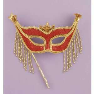  Red Gold Venetian Half Mask with Stick: Beauty