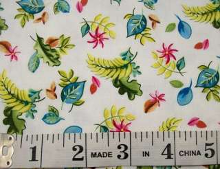 White w/ Green Blue Pink Brown Leaves Fabric Phyllis Hoffman  