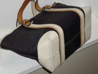   Navy Blue White Canvas & Tan Leather Shopper Tote Handbag Purse #7741