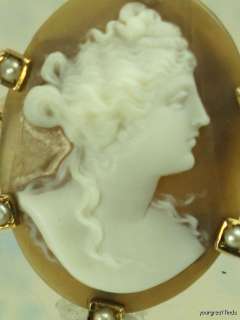 ANTIQUE 14K YELLOW GOLD NATURAL PEARL & HAND CARVED SHELL CAMEO RING 