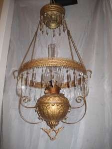   Hubbard Hanging Parlor Kerosene Oil Lamp Crystal All Original  