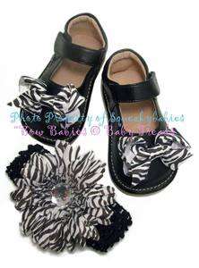 Squeaky Shoes Black Leather MJ Add A Bow Black Zebra 2.5 Bows & Zebra 