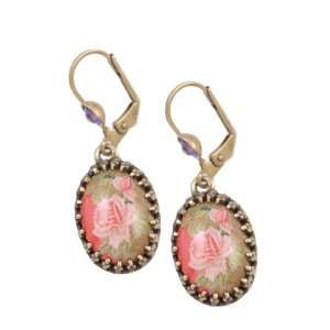  Negrin Dangling Earrings with Vintage Pink Rose on Red Background 