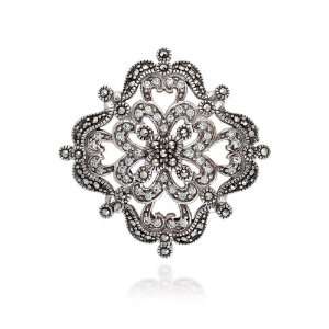    Sterling Silver Marcasite and Clear Crystal Open Work Pin Jewelry