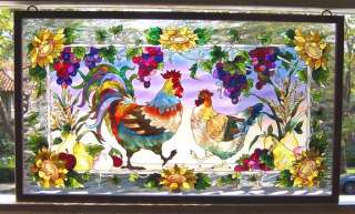 Large ART GLASS PANEL, ROOSTER AND HEN, 24x14 Inches  