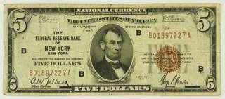 1929 Five Dollar $5 Bill Federal Reserve Bank New York NY Note Brown 
