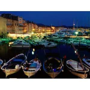  Boats in Port and Waterfront Buildings at Night, St. Tropez, France 