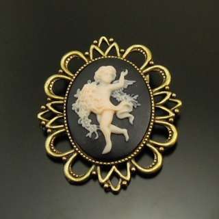 Antique Style Cameo Pin Brooch w/ Baby Angel Dancing Flower Spring 