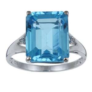   White Gold Emerald Cut Blue Topaz and Diamond Ring size 7.5 Jewelry