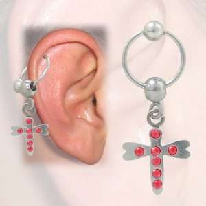  Cartilage   Tragus Earring, Dragonfly Design with Jewels 