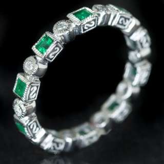   EMERALD ROUND DIAMOND ETERNITY BAND NATURAL GREEN 14K WG RING COCKTAIL