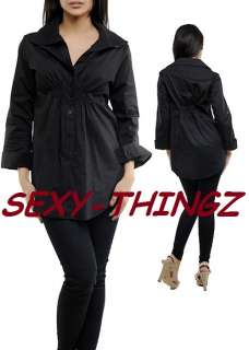 NEW Stylish BLACK FITTED BuTToN DoWn TUNIC TOP Shirt M  