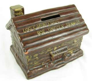 Vintage Ceramic Redware Lincoln Pennies Log Cabin Bank  