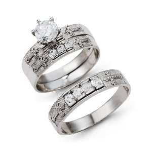  14k White Gold Cross CZ Wedding Engagement Ring Set 