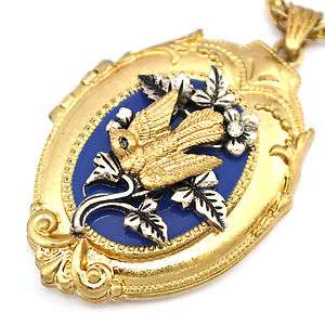 Retro Vintage Baroque Bird Oval Locket Enamel Necklace  