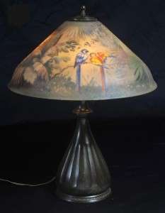 BEAUTIFUL RARE LRG SIGNED REVERSE PAINTED PARROT PAIRPOINT LAMP W 