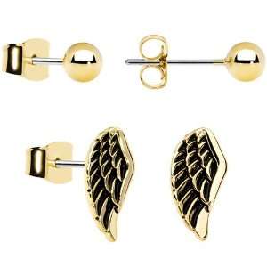  Antiqued Angel Wing Duo Earring Set: Jewelry