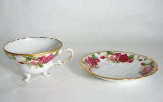 Antique Three Legged Tea Cup Saucer Lush Roses  