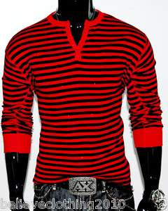  JC RED & BLACK STRIPED BUTTON NECK LONG SLEEVE MUSCLE THERMAL SHIRT