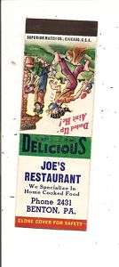 Joes Restaurant Benton PA Columbia County Matchbook  
