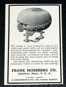 1906 OLD MAGAZINE PRINT AD, FRANK MOSSBERG BICYCLE BELLS, ELECTRIC 